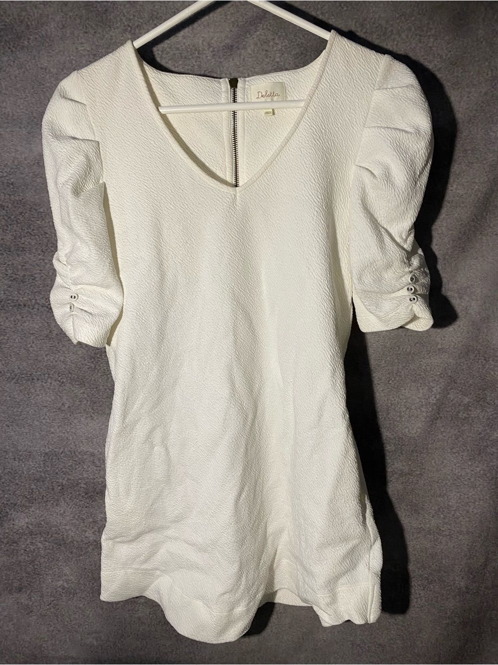 Deletta Anthropologie White Puckered Puff Sleeve Zip Back Dress S LWD